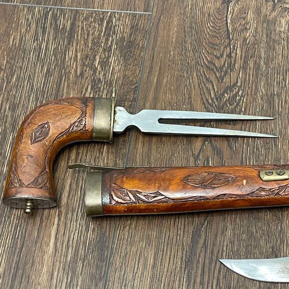 Vintage Mid 20th c. Wood Sheath Carved Pistol Shaped Knife & Fork Set (Indian) - Picture 8 of 13